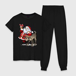 Пижама хлопковая женская Прикольный дедуля с подарком и олень, цвет: черный