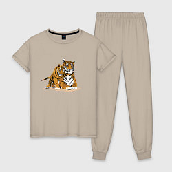 Пижама хлопковая женская Тигрица с игривым тигрёнком, цвет: миндальный