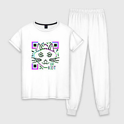 Пижама хлопковая женская QR-Кот 3D, цвет: белый