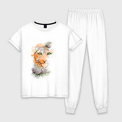 Пижама хлопковая женская Акварельный тигр в сосновых веточках, цвет: белый