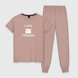 Пижама хлопковая женская I hate monday текст с котом, цвет: пыльно-розовый