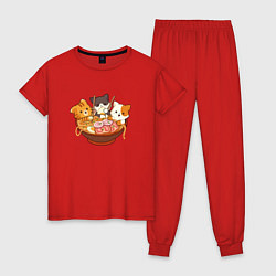 Пижама хлопковая женская Kawaii Cat Ramen, цвет: красный