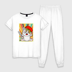 Пижама хлопковая женская Cat Eating Ramen, цвет: белый