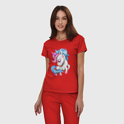 Пижама хлопковая женская Единорог с голубой гривой, цвет: красный — фото 2