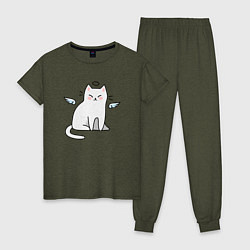 Пижама хлопковая женская КОТИК АНГЕЛ CAT ANGEL, цвет: меланж-хаки