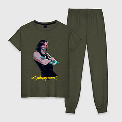 Пижама хлопковая женская Джонни Cyberpunk2077 Johnny, цвет: меланж-хаки