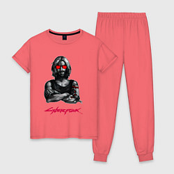 Пижама хлопковая женская Джонни в красных очках Cyberpunk 2077, цвет: коралловый