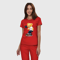 Пижама хлопковая женская Мишка скейтбордист, цвет: красный — фото 2