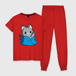 Пижама хлопковая женская Кот в одеяле, цвет: красный