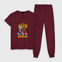 Пижама хлопковая женская Хоккей - Russia, цвет: меланж-бордовый
