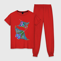 Пижама хлопковая женская Скаты с психоделической раскраской, цвет: красный