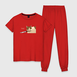 Пижама хлопковая женская Привет Кот с ножом, цвет: красный