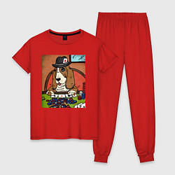 Пижама хлопковая женская Бассет-хаунд с картами, цвет: красный
