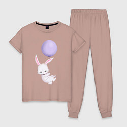 Пижама хлопковая женская Милый Крольчонок Летит На Воздушном Шаре, цвет: пыльно-розовый
