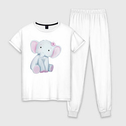 Пижама хлопковая женская Милый Слонёнок Сидит С Цветком, цвет: белый