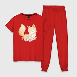 Пижама хлопковая женская Милый Лисёнок С Цветами, цвет: красный
