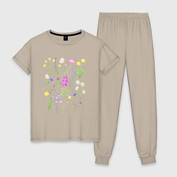 Пижама хлопковая женская Полевые цветы, растения акварелью Ботаника, цвет: миндальный