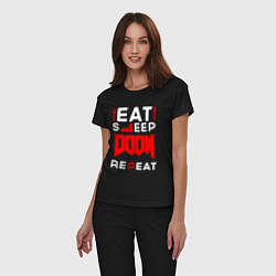 Пижама хлопковая женская Надпись Eat Sleep Doom Repeat, цвет: черный — фото 2