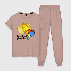 Пижама хлопковая женская Успокойся и немного поспи - Барт Симпсон, цвет: пыльно-розовый