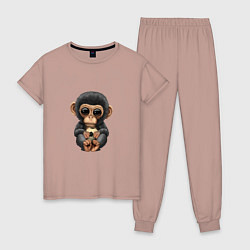 Пижама хлопковая женская Футбол - Шимпанзе, цвет: пыльно-розовый