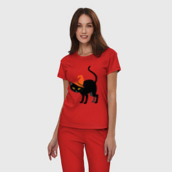 Пижама хлопковая женская Чёрный хэллоуинский котик, цвет: красный — фото 2