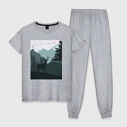 Пижама хлопковая женская Олень в лесу силуэты, цвет: меланж