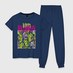 Пижама хлопковая женская Happy Halloween - crazy faces, цвет: тёмно-синий