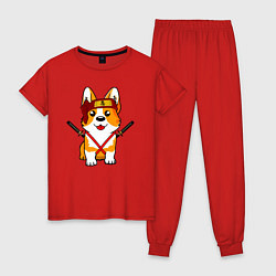 Пижама хлопковая женская Корги - самурай, цвет: красный