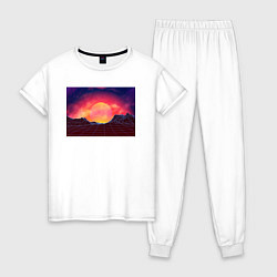 Пижама хлопковая женская 3D неоновые горы на закате, цвет: белый