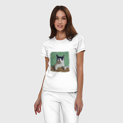 Пижама хлопковая женская Мем - голодный кот, цвет: белый — фото 2