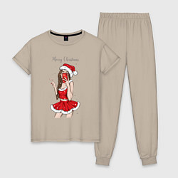 Пижама хлопковая женская Снегурочка селфи, цвет: миндальный