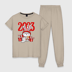 Пижама хлопковая женская Зайка в подарках 2023, цвет: миндальный