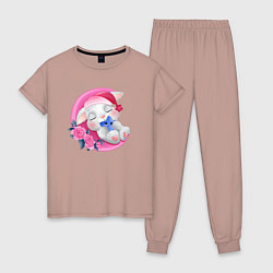 Пижама хлопковая женская Зайка спит на месяце, цвет: пыльно-розовый