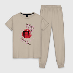 Пижама хлопковая женская Цветущая сакура и красный круг с японским иероглиф, цвет: миндальный