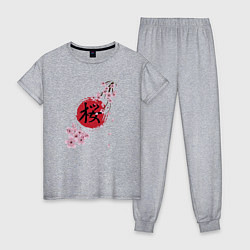 Пижама хлопковая женская Цветущая вишня и красный круг с японским иероглифо, цвет: меланж