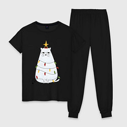 Пижама хлопковая женская Кот-ёлка, цвет: черный