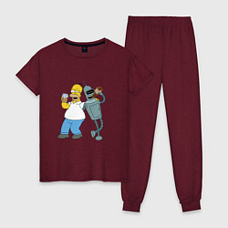 Пижама хлопковая женская Drunk Homer and Bender, цвет: меланж-бордовый
