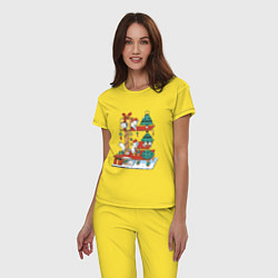 Пижама хлопковая женская Новогодние котята на домике с ёлками, цвет: желтый — фото 2