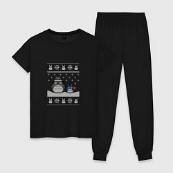 Пижама хлопковая женская Новогодние тоторики - ugly sweater, цвет: черный