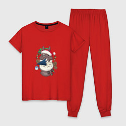 Пижама хлопковая женская Новогодний малыш Тоторо, цвет: красный