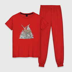 Пижама хлопковая женская Олень зимой в лесу, цвет: красный