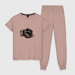 Пижама хлопковая женская Рисунок фотоаппарата, цвет: пыльно-розовый
