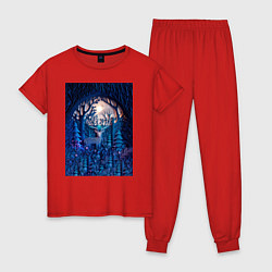 Пижама хлопковая женская Объемная иллюстрация из бумаги лес и олень на сине, цвет: красный