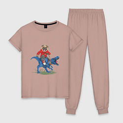 Пижама хлопковая женская Мопс на динозавре, цвет: пыльно-розовый
