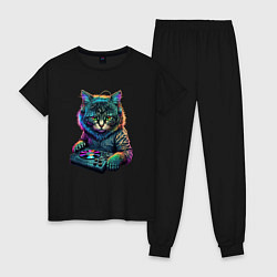 Пижама хлопковая женская Кот диджей, цвет: черный