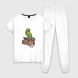 Пижама хлопковая женская Зеленый попугай на сундуке с сокровищами, цвет: белый