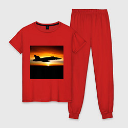 Пижама хлопковая женская Самолёт на закате, цвет: красный