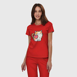 Пижама хлопковая женская Котик с сердечками, цвет: красный — фото 2