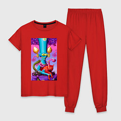 Пижама хлопковая женская Мардж Симпсон с кошкой - нейросеть - сюрреализм, цвет: красный