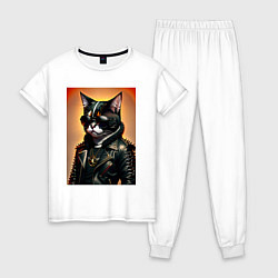 Пижама хлопковая женская Кот рокер, цвет: белый